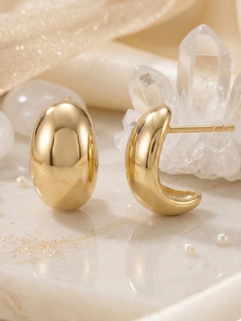 18K Yellow Gold Plated Dome Stud Earrings SS Old Money Minimalist Classic 0.43
